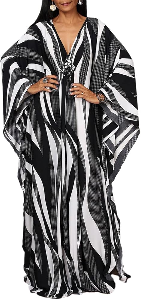 Bsubseach Women Ethnic Print Kaftan Beach Dress Plus Size Swimsuit Cover Up