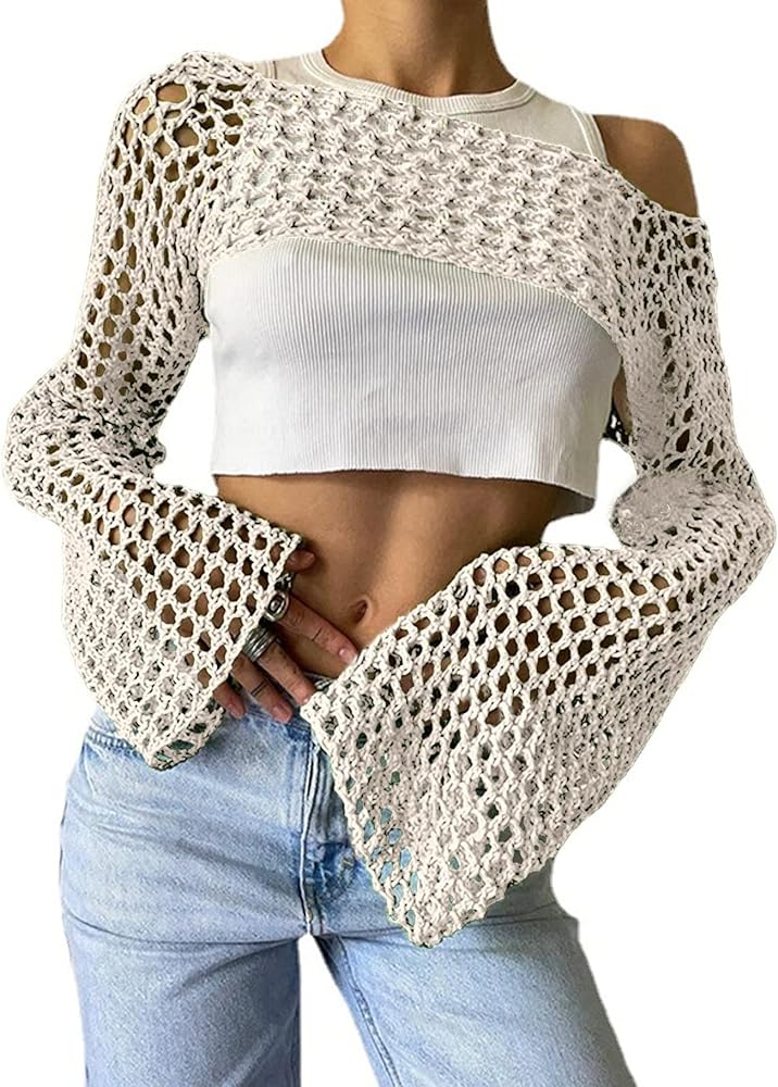 Women's Sexy Mesh Crochet Crop Top Hollow Out Beach Cover Ups See Through Long Sleeve Y2k Knit Sweater Tees