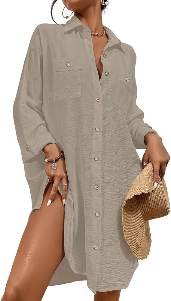 Bsubseach Womens Modern Swimsuit Cover Up Blouse Button Down Shirt Dresses Tops