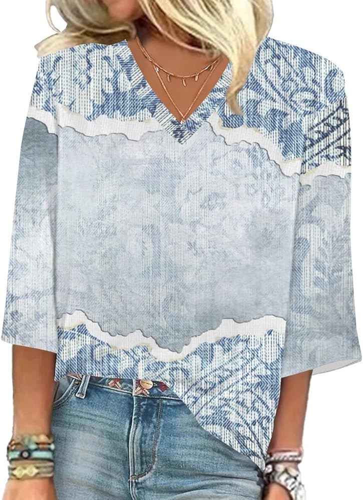 Womens Summer Tops 2023 Trendy Tops Loose Fit Lace V Neck T-Shirts Floral Print 3/4 Sleeve T Shirts Blouses