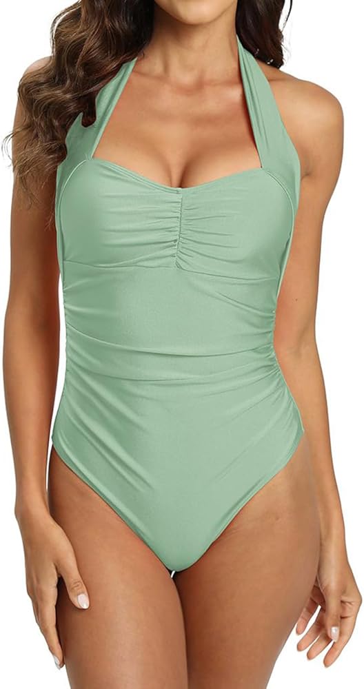 One Piece Swimsuit Women Tummy Control Bathing Suit Ruched Push Up Swimwear