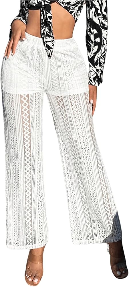 SHENHE Women's High Waist Cover Ups Pants Lace Sheer Wide Leg Boho Beachwear