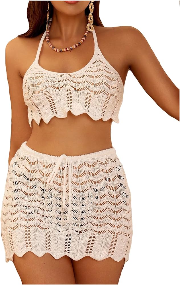 MakeMeChic Women's 2 Piece Bikini Cover Up Set Crochet Tie Back Cropped Halter Top and Beach Skirt Sets