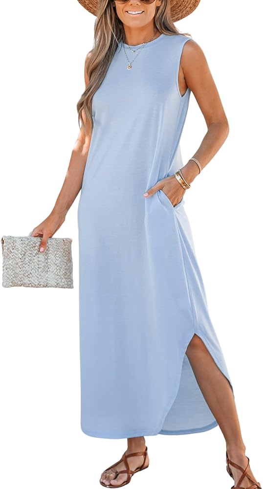 CUPSHE Women Sleeveless Mock Neck Maxi Dress Summer Casual Side Slit Beach Dresses with Pockets