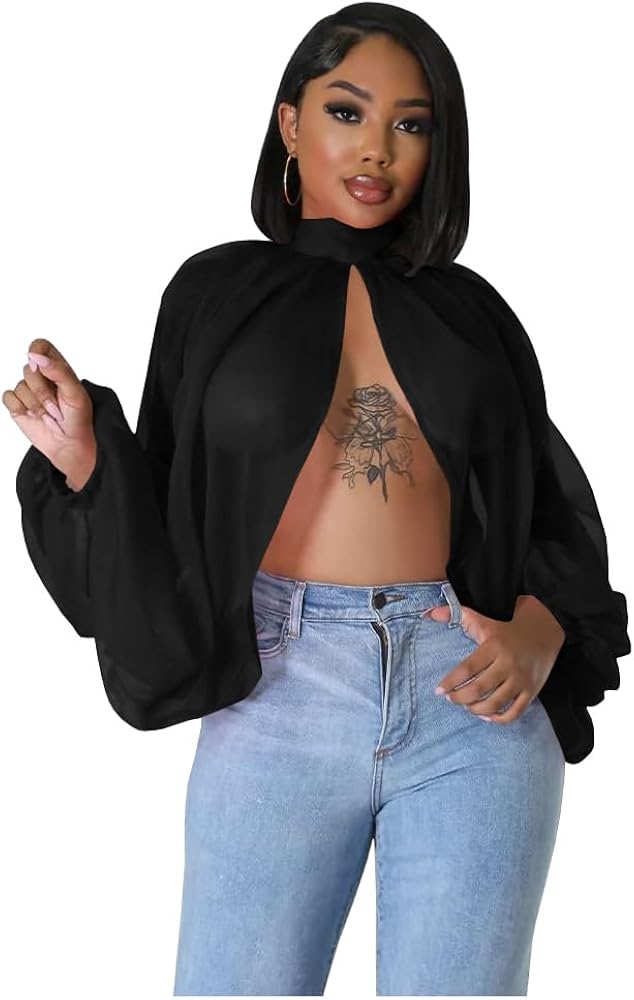 Women's Balloon Sleeve High Slit Summer Loose Chiffon Tops See Through Blouses Beachwear Tunics Front Split Casual Cover Ups