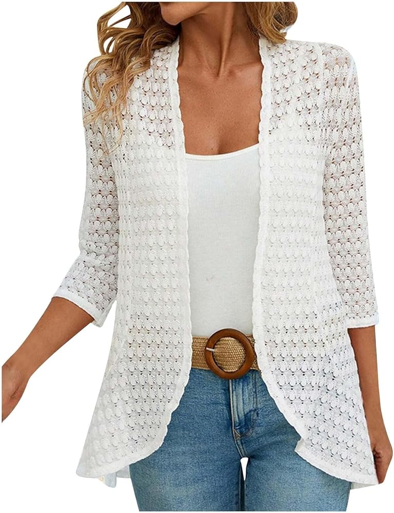 Women's Lace Kimono Cardigan Hollow Out 3/4 Sleeve Open Front Beach Cover Ups Swimwear Summer Casual Blouse Tops