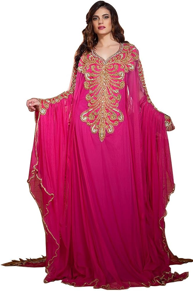 Women's Hand Beaded Ladies Long Sleeve Wedding Kaftan - One Size Pink