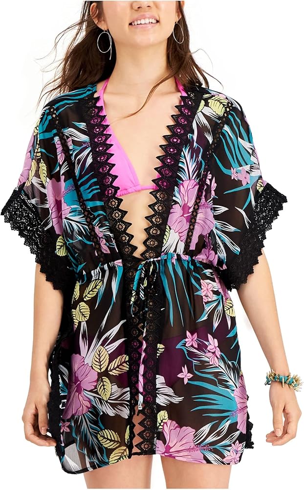 Miken Swim Cover-Up Small Junior Tropical-Print Lace-Inset Black S