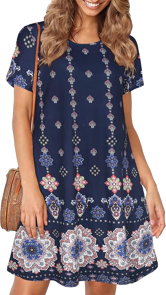 Womens Summer Dresses Beach Casual Loose Tshirt Floral Short Sleeve Flowy Pockets Sundresses