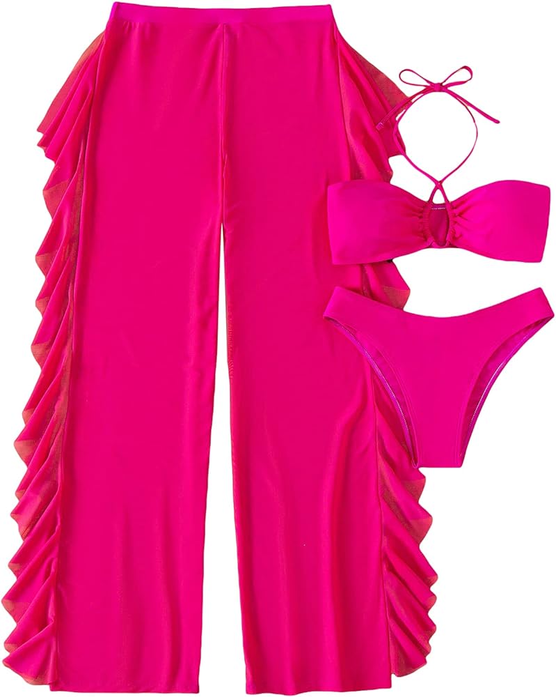 MakeMeChic Women's 3 Piece Swimsuit Solid Halter Bikini Set with Ruffle Sheer Cover Up