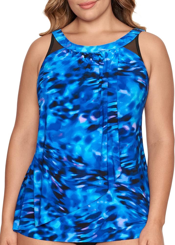 Miraclesuit Women's Plus Size Swimwear Cloud Leopard Ursula High Neck Underwire Tankini Bathing Suit Top, Blue, 24W