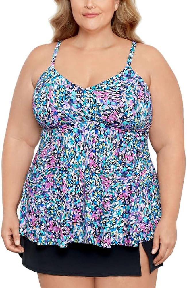 Women's Plus Size Printed V-Neck Underwire Tankini Top (Dancing Colors, 20W)