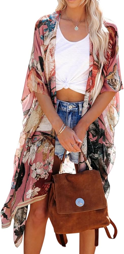 Women's Beach Cover up Swimsuit Kimono with Boho Floral Print Casual Loose Cardigans for Swimwear