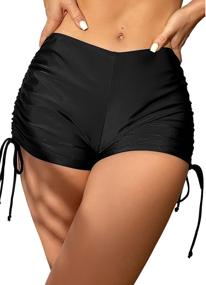 CUPSHE Swim Shorts for Women Bikini Bottom High Waisted Drawstring Ties Ruched Sporty