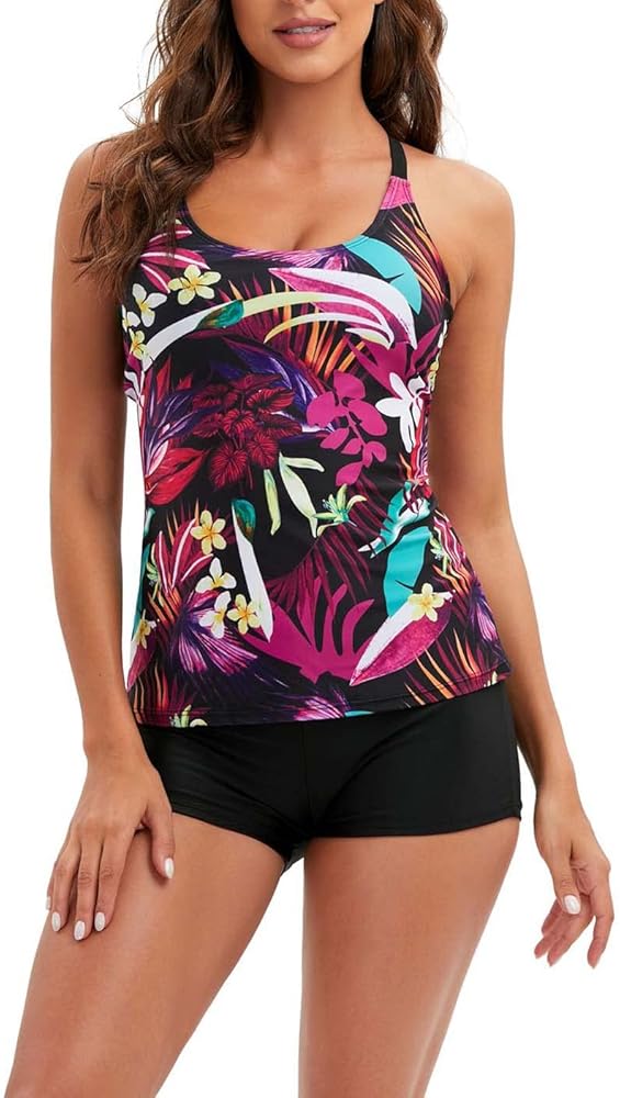 Women's Plus Size Tankini Set with Shorts Cross Back Swimsuits Floral Printed Bathing Suits Tummy Control Tankini Top