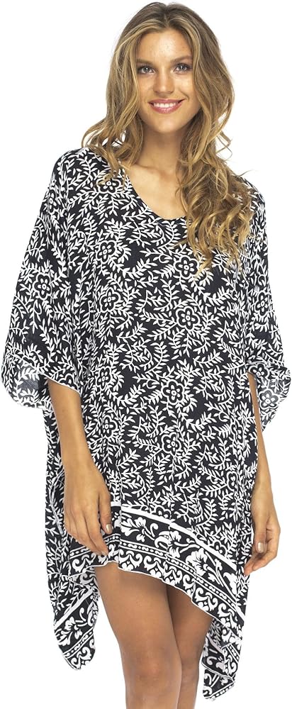 Back From Bali Womens Short Beach Swimsuit Cover Up Dress Caftan Poncho Floral