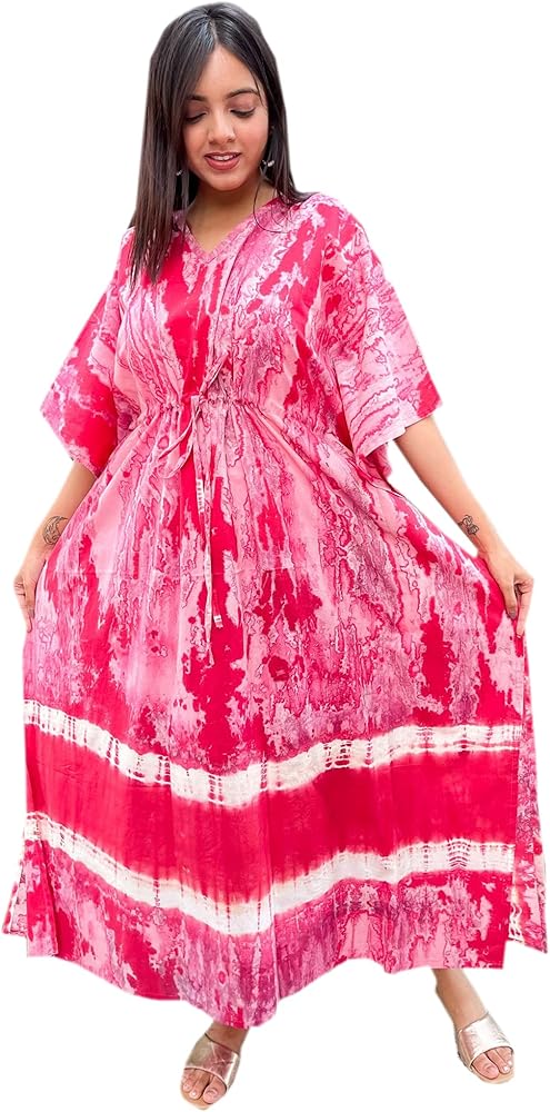 Designer Pure Hand Block Sanganeri Shibori Marble Wash Print Kaftan Length 52 inch Free Size for Women and Ladies_KAF-069 - (Pink)