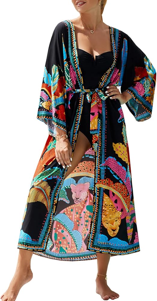 Women Roomy Nightgown Long Loungewear Cardigan Kimono Beach Dress Bikini Cover ups Tops