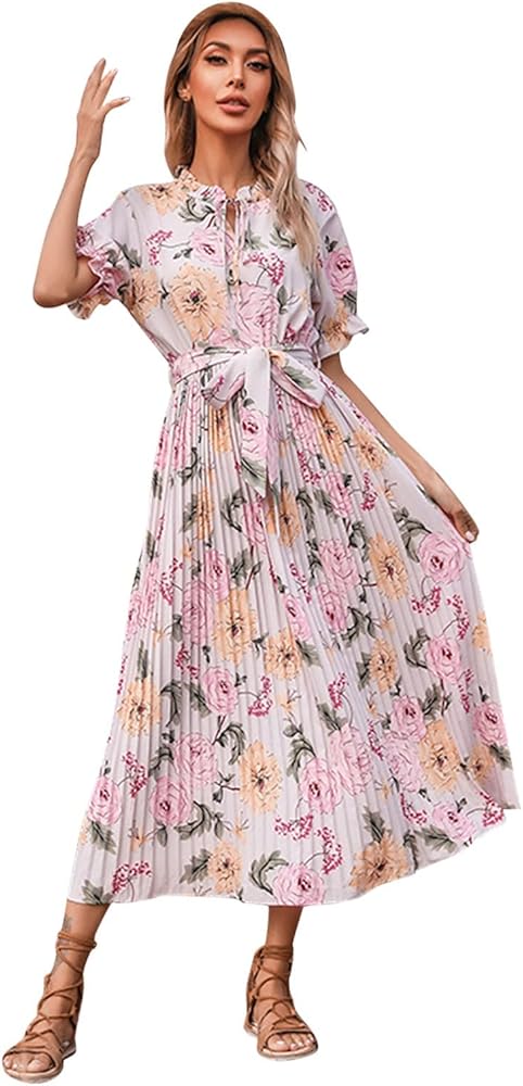 Women Summer Beach Spring Color Blocking Printing Loose Dress Swing Cover Up Sundress Sleeveless Ruffle Summer