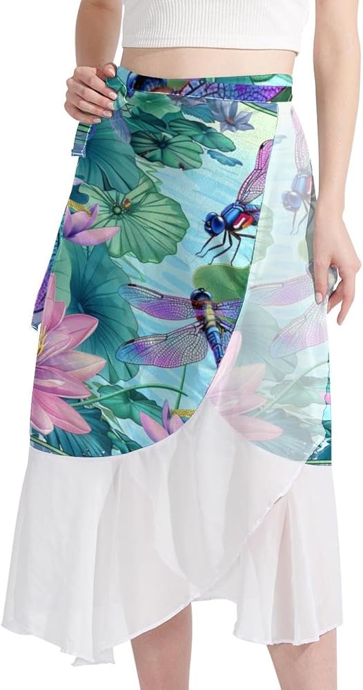 Beach Skirts for Women, Swimsuit Coverups for Women, Chiffon Cover Ups for Swimwear, Welcome Painting Summer Dragonfly Lotus Multicolor