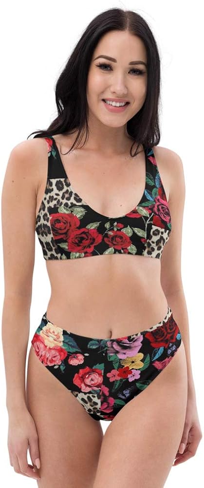 Recycled High Waisted Bikini Set for Women Tops Bottoms Swimsuit Bathing Suits Onyx Tan Leopard Botanic Roses Floral