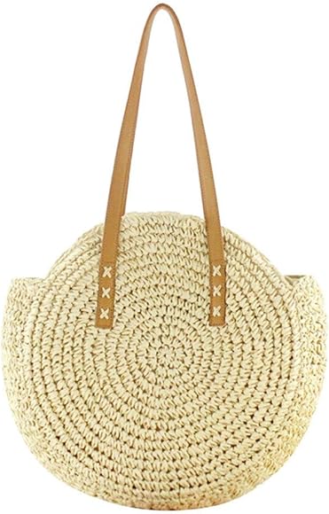 Bolso de Hombro de Paja Redondo Tejido a Mano Mujer de Verano Ratán Playa de paja Bandolera Bolso Informal Grande con Cremallera para Estilo Boho Viajes, Fechas y Vacaciones