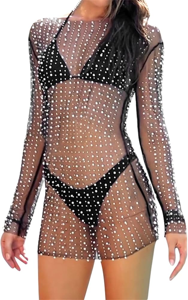 Women's Rhinestone Sheer Mini Dress Sexy See Through Mesh Pearl Cover Ups for Swimwear Bikini Summer Beach Dresses