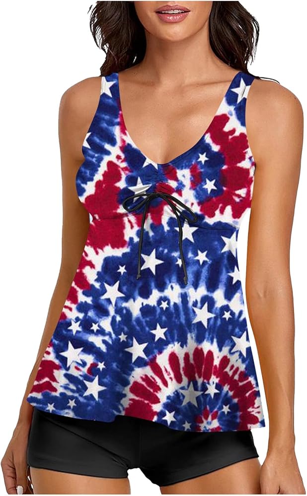 Women Independence Day Plus Size Two Piece Tankini Bathing Suit Patriotic Flowy Swim Dress with Shorts Slimming Swimwear Red Blue White Stars Stripes Print tankini swimsuits 00-Dark Blue XX-Large