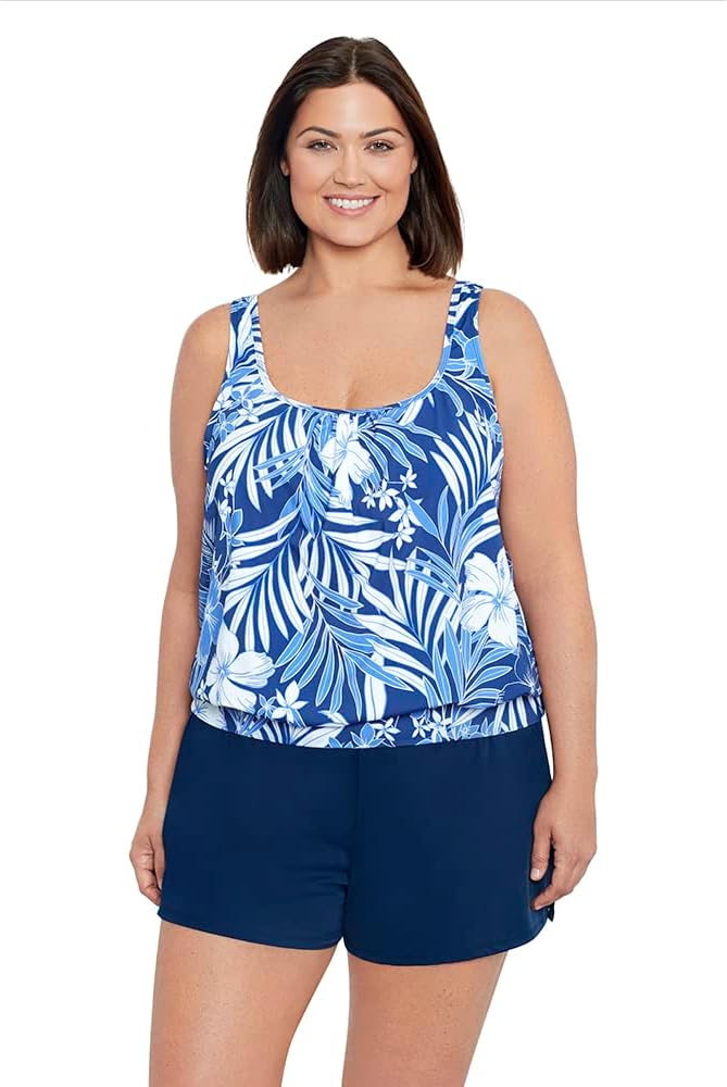 Penbrooke Shape Solver Women's Plus in My Blues Shirred Neck Blouson Underwire Tankini Top Separate