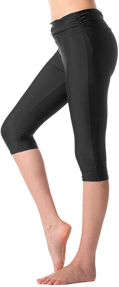 Swim Capris for Women Knee Swim Leggings Side Pleated Waistband Swim Pants