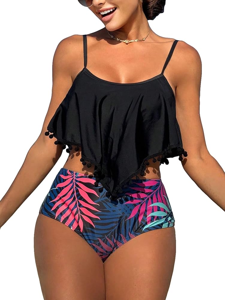 MakeMeChic Women's 2 Piece Bikini Sets Tropical Print Spaghetti Strap Tassel Ruffle Hem Summer Beach Swimsuit