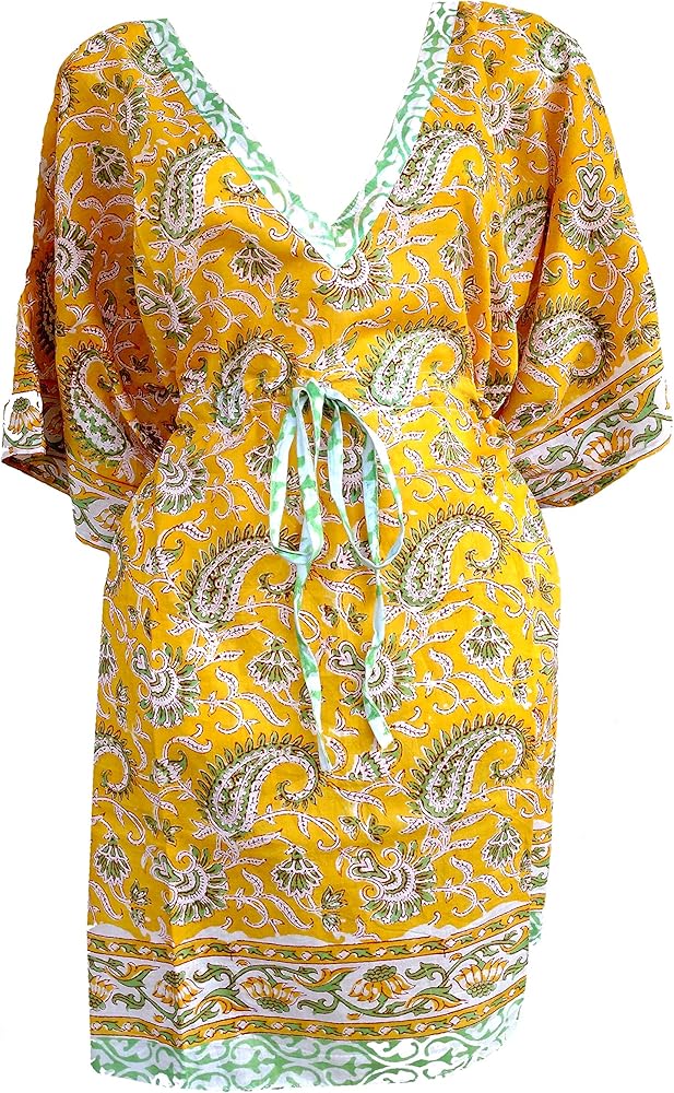 100% Cotton Hand Block Print Kaftan Women’s Apparel Fabric Print Swimsuit Cover-up Beach Kaftan 18 Multicolor