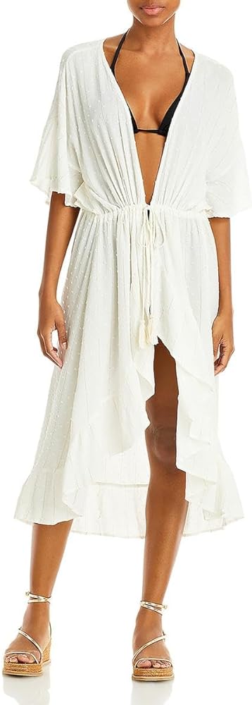 Women's White Plunging Neck Ruffled Swimsuit Cover Up M