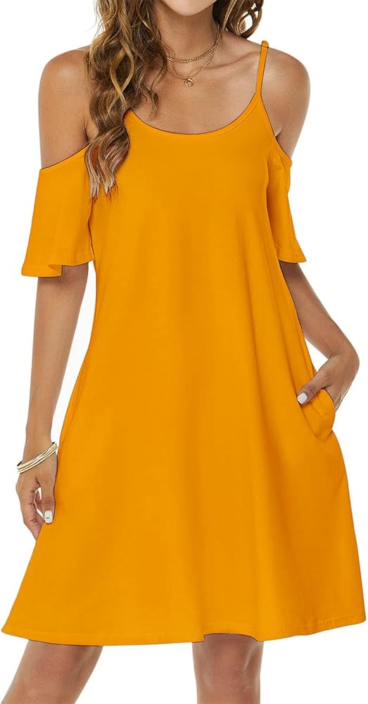 Women's Summer Spaghetti Strap Casual Sleeves Swing Dress Beach Cover Up Dress with Pockets