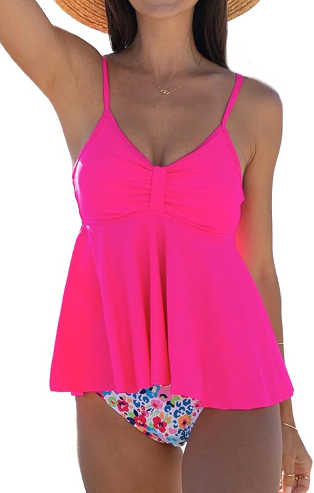 Beachsissi Women's High Waist Swimsuits Ruched Front Ruffled Hem Tankini Set