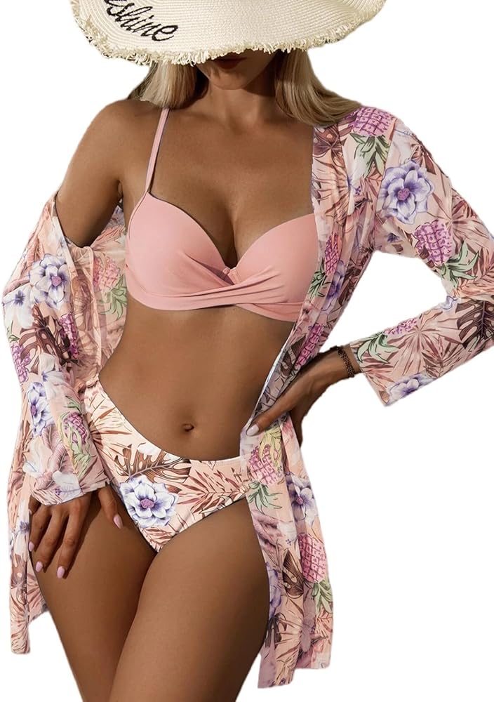 Women's 3 Piece Swimsuits Tropical Push Up Bikini Sets Beach Long Sleeve Bathing Suits with Kimono Cover Up