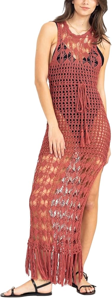 Wander Ago Beach Sun Perspective Knit Cover Dresses Bikini Cover-ups Net Long Skirt Dress See-through Caramel 24