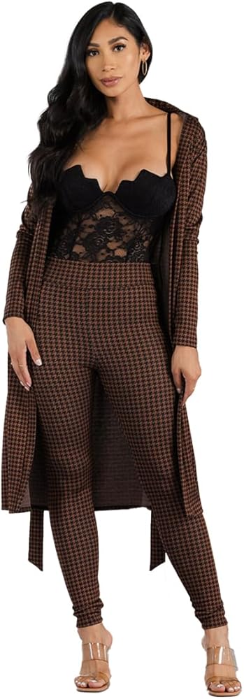 Women's Houndstooth Print Long Sleeve Cardigans/Cover Ups and High Waisted Pants Casual Outfit 2 Piece Set