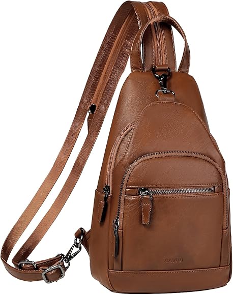 RAVUO Mochila Pequeña Mujer, Casual Bolso Bandolera de Cuero PU Moda Bolsos Pecho de Piel Mini Crossbody Sling Bag para Viaje Trabajo,Marrón