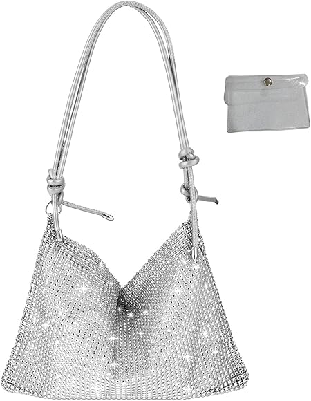 MHDUYEG Bolso Plateado Bolso Plateado Mujer Bolso Fiesta Mujer Bolso Lentejuelas Mujer Bolso Plateado Mujer Bolso de Mano Bolso Fiesta con Diamantes para Baile, Fiesta, Boda (Plata, con Tarjetero)