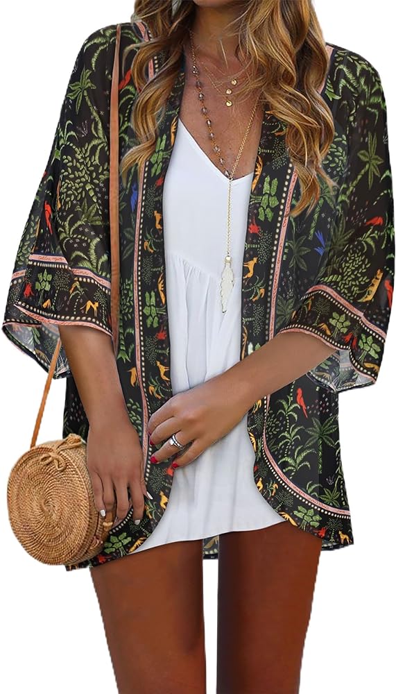 Women Kimono Cardigans Casual Summer Tops Cover up Open Front Floral Print Resort Wear