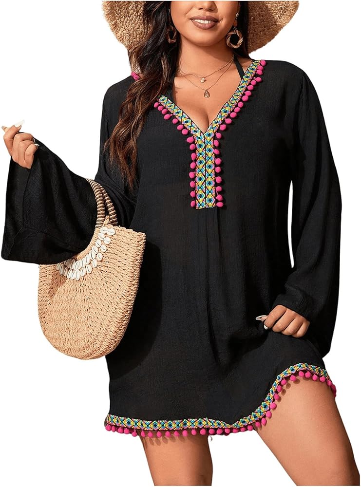 MakeMeChic Women's Plus Size Geometric Tape Tassel Trim Swimsuit Cover Up V Neck Long Sleeve Vacation Beach Dress