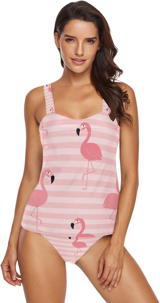 Pink Flamingos 2 Piece Women Tankini Swimsuit Tummy Control Sport Bathing Suit with Bikini Bottom