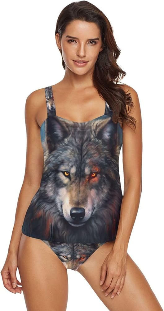 Wolf 2 Piece Women Tankini Swimsuit Tummy Control Sport Bathing Suit with Bikini Bottom