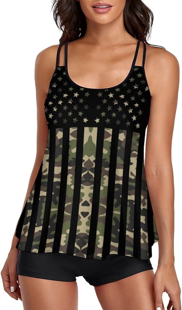 Swimsuit for Women American Flag Camo Tummy Control Tankini Sets Two Piece Swimwear Tank Top with Boyshorts