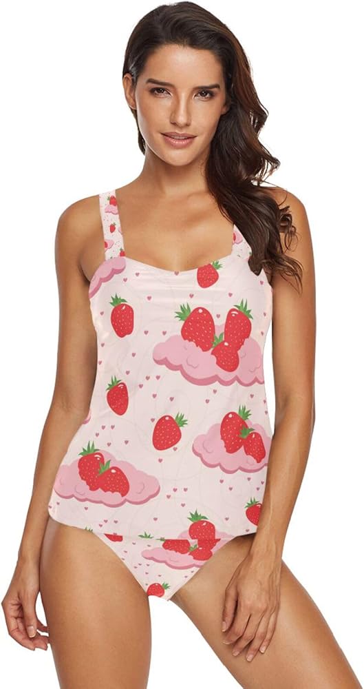 Strawberry 2 Piece Women Tankini Swimsuit Tummy Control Sport Bathing Suit with Bikini Bottom