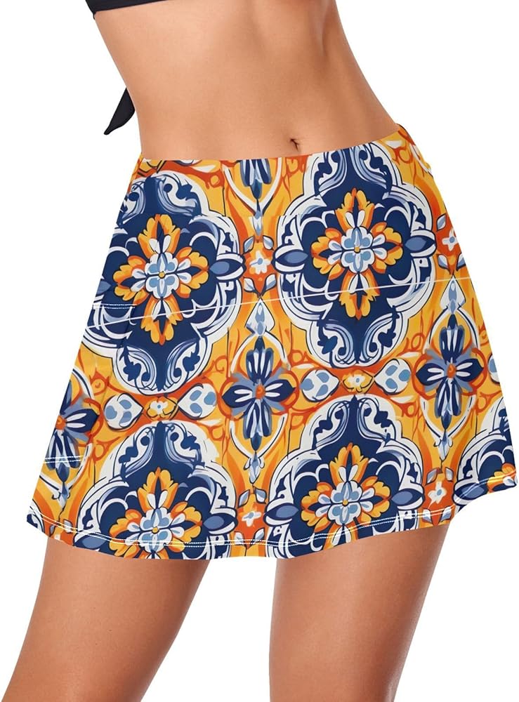 Mexican Tile Flowers Pattern Swim Skirt for Women High Waisted Womens Swim Skirt