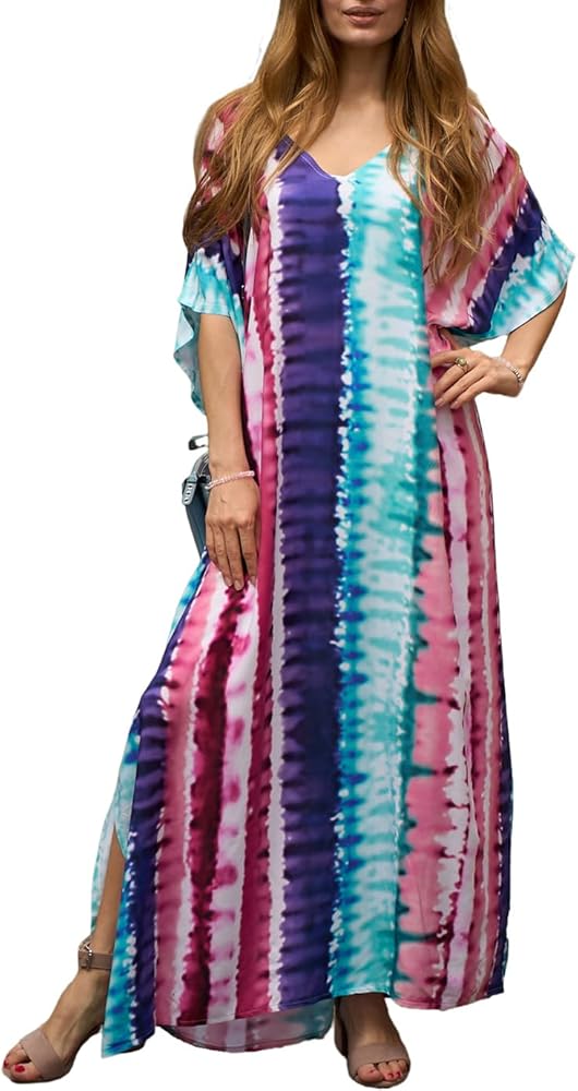 Eddoyee Kaftan Dresses for Women Short sleeve Ethnic Print Caftan Dresses V-neck Bathing Suit Cover-Ups