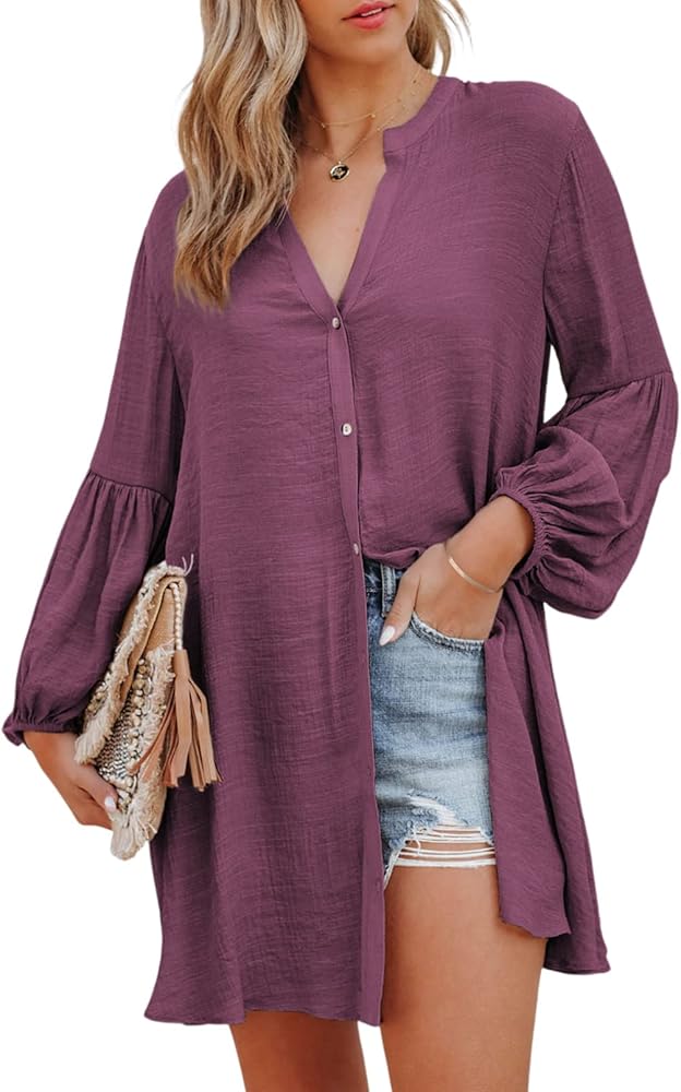 Astylish Womens Sexy V Neck Cover Up Long Sleeve Button Down Shirts Dresses