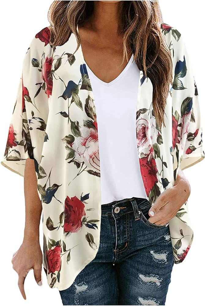 ZunFeo Summer Beach Kimonos Women Casual Floral Print Sheer Cardigan Lightweight Boho Covers Up Dressy Plus Size Trendy 2023